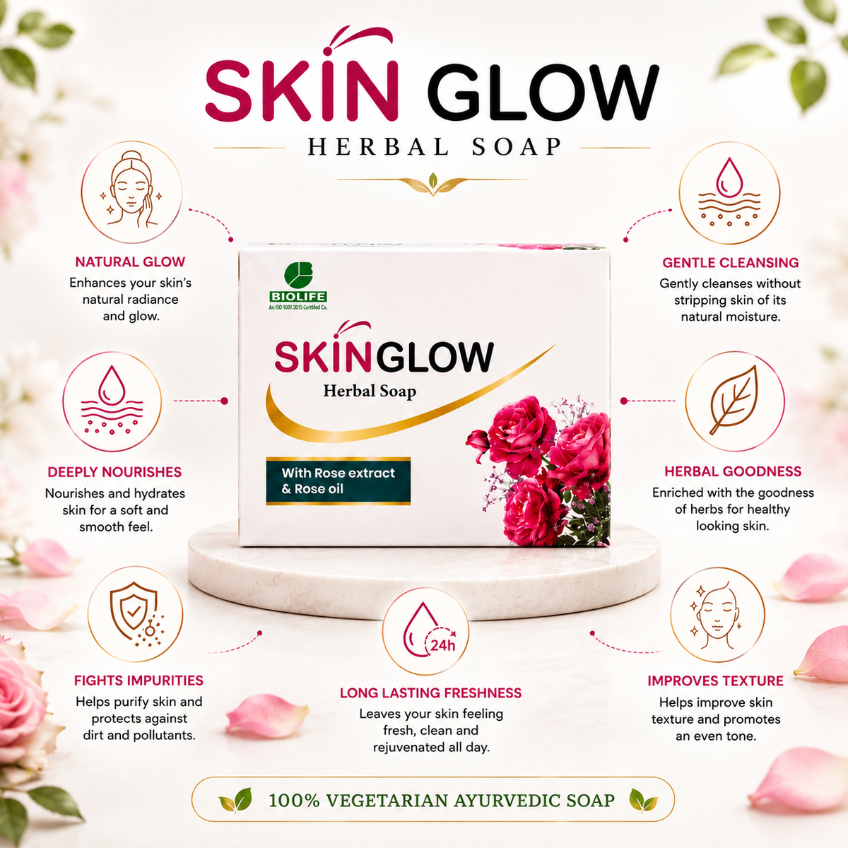 Biolife SkinGlow Herbal Soap with Rose Extract & Rose Oil